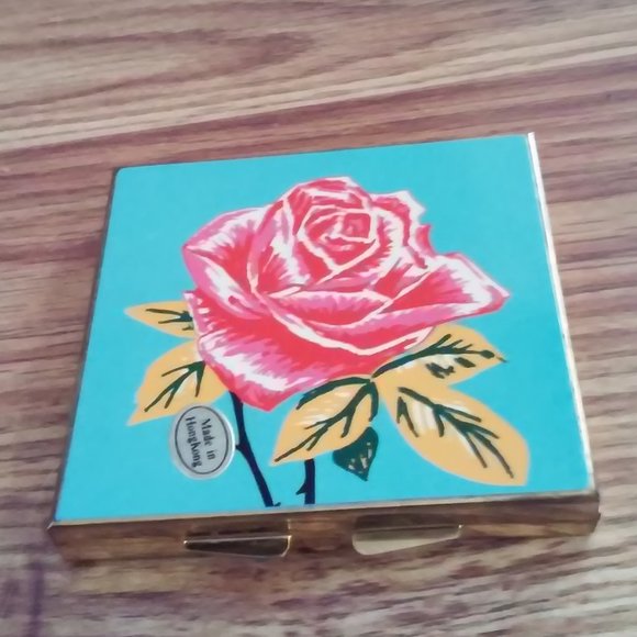 Mirror Purse Hinged Pocket Glovebox Rose Both Sides 3 1/4" x 3 1/4" OPEN It's 6" - Picture 1 of 5